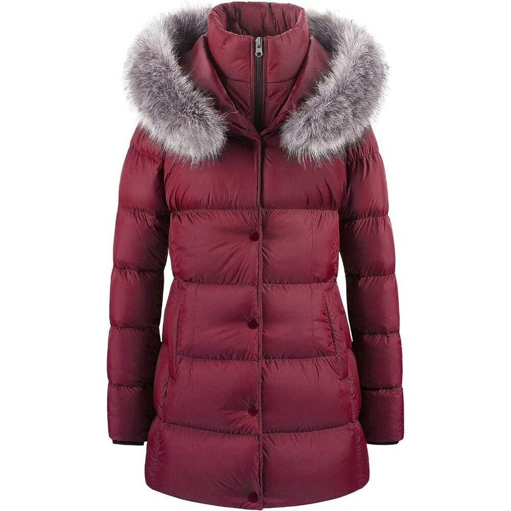 Women's Burgundy Long Snow Puffer Jacket Coat Removable Faux Fur Trim Winter